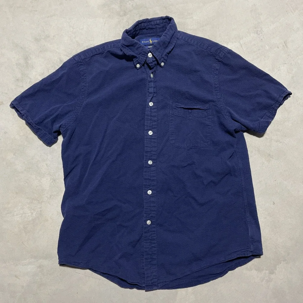 Ralph Lauren Seersucker Short Sleeve Shirt Men's SZ M Button Down Pony Navy Blue